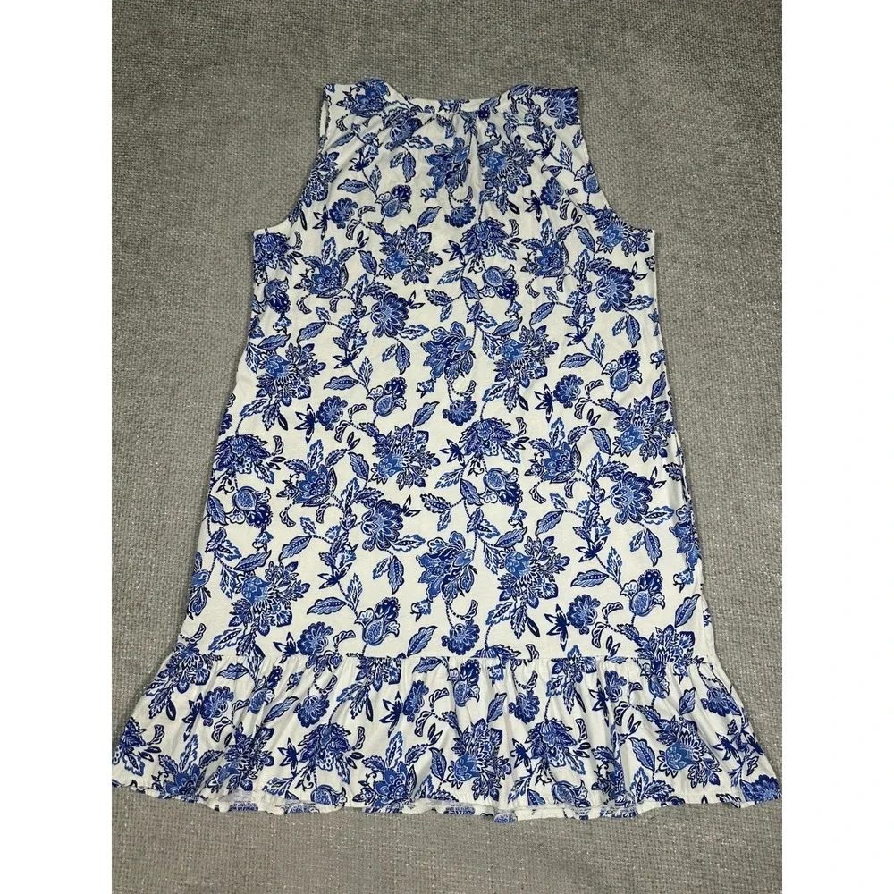 Lands End Dress Womens Large 14/16 Blue White Floral Cotton Flounce Tank Pockets - Picture 2 of 9